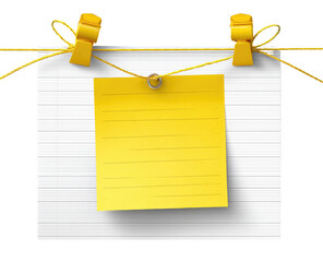 Yellow sticky note on lined paper, held by string and clips