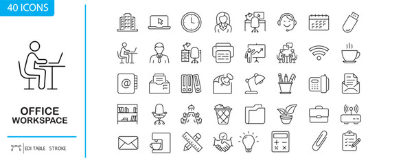 Workspace Icons: A comprehensive set of 40 minimalist line icons representing various aspects of the office environment, perfect for any business-related design.