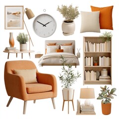 Modern bedroom and living room design featuring warm orange and beige tones, showcasing furniture, plants, and books