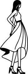 Illustration of a slender woman wearing a dress and high heels in a minimalist black and white design