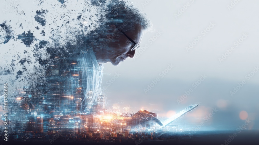 Poster young man using a tablet with a cityscape digital overlay in the background, representing technology