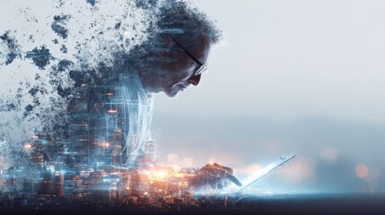 Young man using a tablet with a cityscape digital overlay in the background, representing technology and modern communication concepts