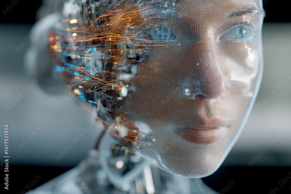 Aufkleber futuristic humanoid robot with a realistic human face and glowing circuits, advanced artificial lige