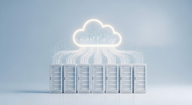 Server racks in a data center uploading digital information to a glowing cloud network