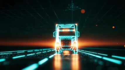 A futuristic truck rendered in neon blue driving along a digital highway illuminated by a glowing sunset symbolizing advanced logistics and technology in transportation - Powered by Adobe