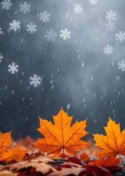 Autumn leaves fall as first snowflakes descend in a magical winter transition