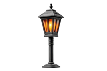 Vintage Street Lamp Glowing Warmly on Black Backdrop Decorative Victorian Lighting Isolated on transparent background