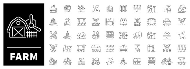 50 detailed linear icons focused on agriculture, rural life and farming tools. Great for food production, organic farming and sustainability designs.