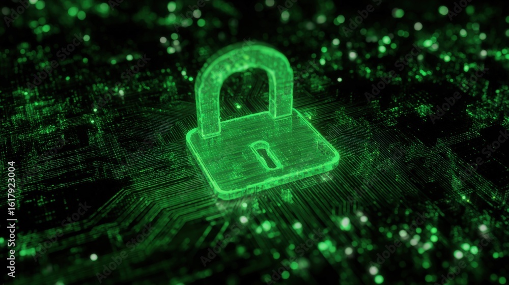 Poster digital green hologram of a padlock symbol representing cybersecurity data protection and online sec