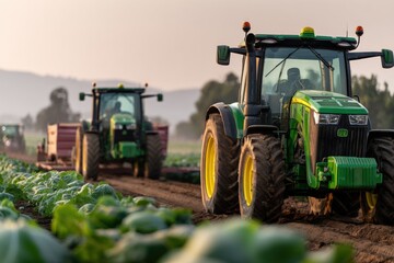 Fototapeta premium Two Green Tractors Working Hard on a Farm Ready for Harvest in a Vast Field with Clear Sky and Rolling Hills in the Background