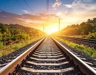 Railroad tracks stretching into a vibrant sunset
