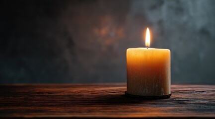 A single lit candle sits on a dark wooden surface against a moody background