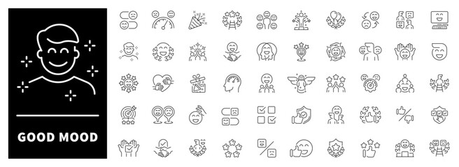 Good mood vector icons. Set of 50 outline good mood icons. Smiles, positive gestures, happy faces, sunny weather, and joy visualized in cheerful line style