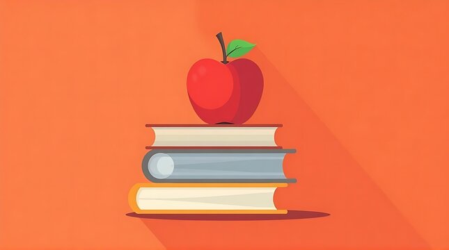 Red Apple Atop Stack of Books: Minimalist Education Illustration