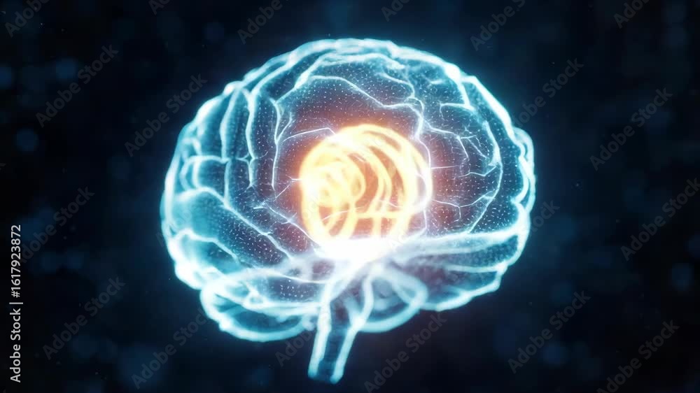 Poster a glowing abstract representation of a human brain with an illuminated core set against a dark bokeh