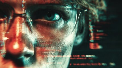 Close-up of a man wea glasses with digital code and technology overlay emphasizing cybersecurity, hacking, and data security concepts