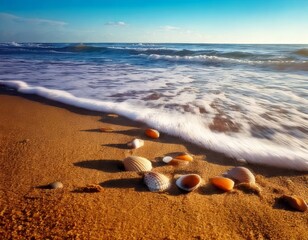 Obraz premium Close-up of ocean waves hitting the shore with seashells and sand textures, natural detail