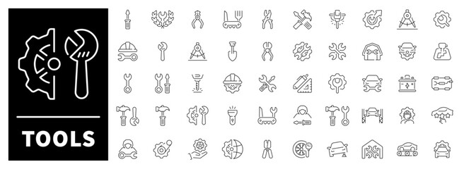 Tool vector icons. Set of 50 linear tools icons. Hammers, wrenches, drills, saws, and technical equipment drawn in clean industrial style