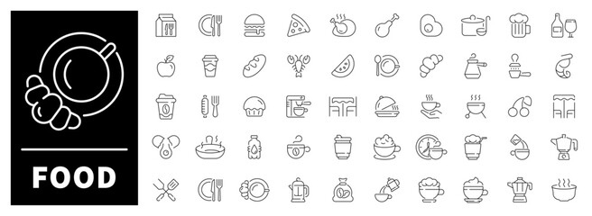 Food vector icon set. Set of 50 outline food icons. Meals, drinks, fruits, kitchen utensils, and dining items presented in tasty linear visuals