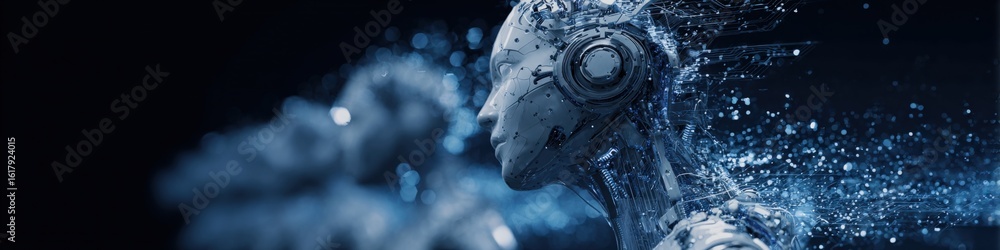 Poster futuristic robot head with illuminated eye and metallic design surrounded by water splashes and glow