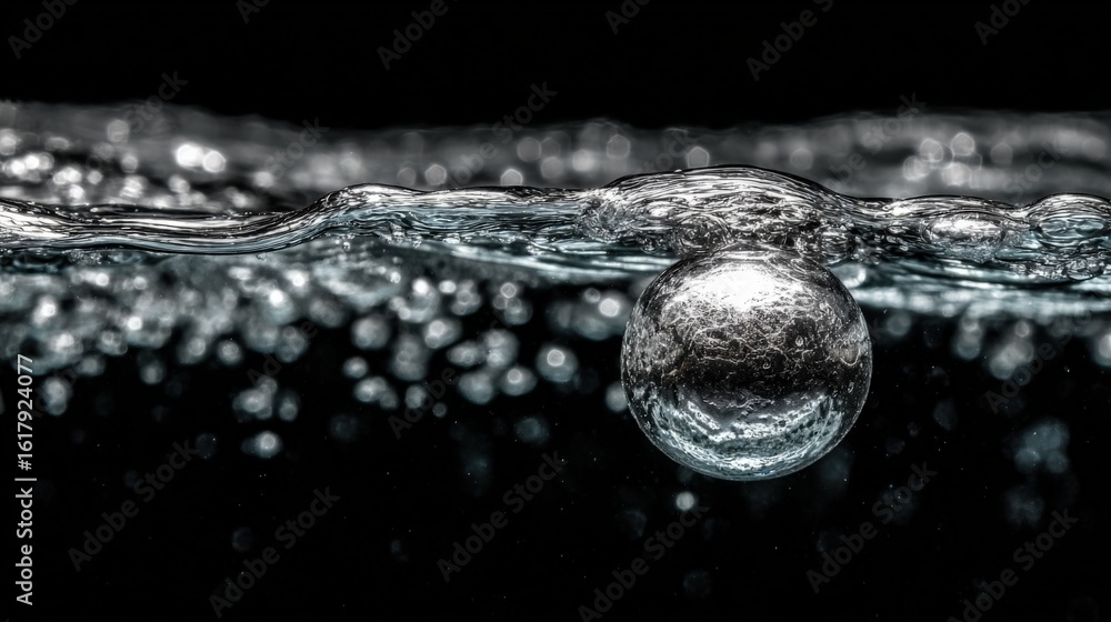 Poster close-up of a single water droplet falling into the surface creating ripples and bubbles in a dark a