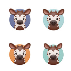 Four cute cartoon okapi heads in circular frames