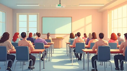 Obraz premium Sunlit Classroom: Students Attentively Listening, Back View, Warm Hues