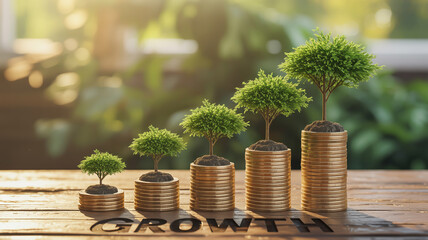 Financial growth concept represented by plants growing on stacked coins
