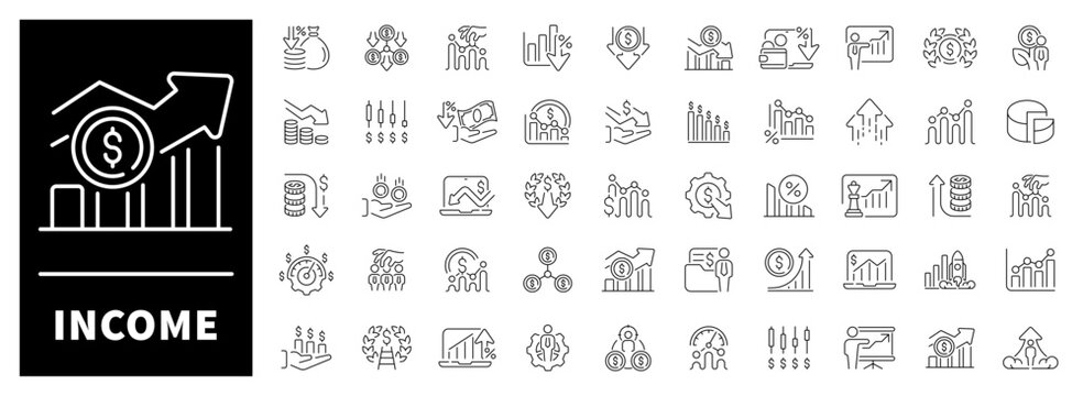 Charts, arrows, coins, graphs, and fluctuations illustrated in analytical linear visuals. Financial change represented in a set of 50 outline icons for income growth and decline