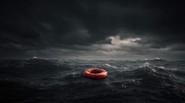 Man sitting on a raft in rough stormy ocean waves with dark ominous sky, heavy clouds indicating a dangerous weather situation and turbulent sea conditions