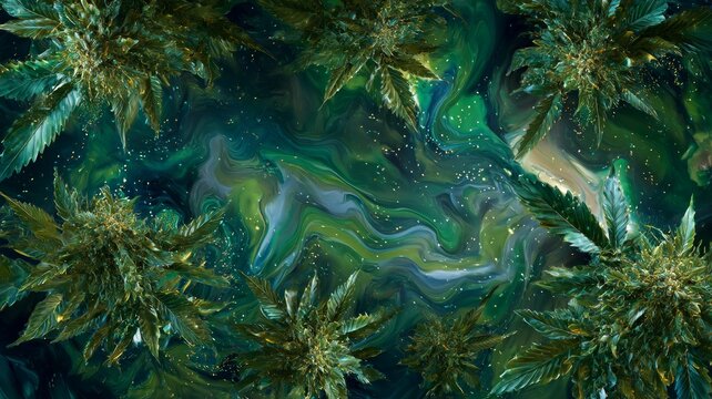 Lush greenery in abstract swirl patterns. AI generated