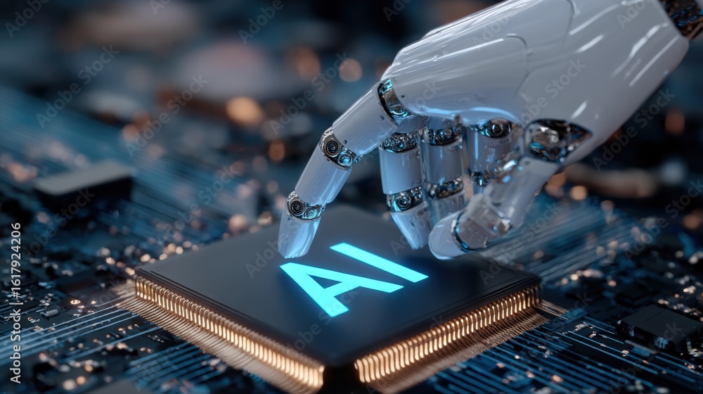 Aufkleber highly detailed close-up of a robotic hand interacting with an ai chip on a circuit board in a moder