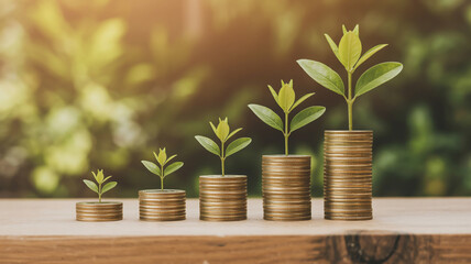 Seedlings growing from stacks of coins representing financial growth
