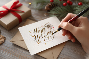 Hand writing holiday greeting card with calligraphy