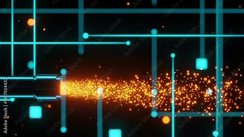 Poster a vibrant digital representation showcasing a high-tech environment with an energy burst traveling t