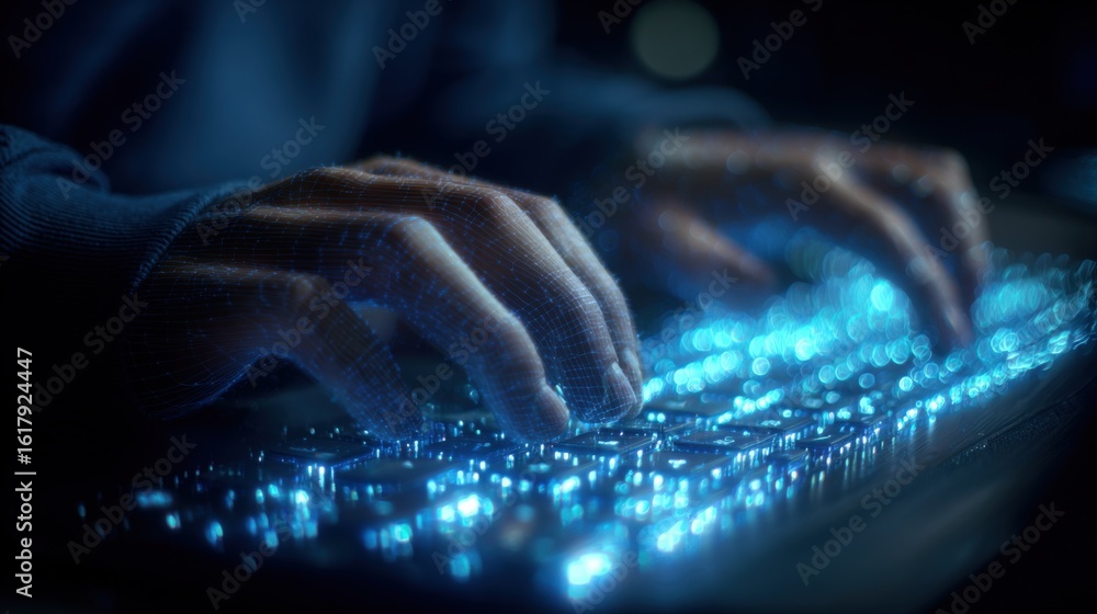 Poster hands typing on a digital keyboard with glowing blue data lights in a high tech futuristic environme