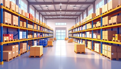 Logistics company warehouse with boxes, interior view warehouse illustration