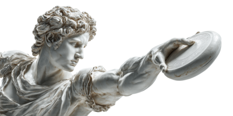 An ancient discobolus or discus thrower marble statue isolated on white or transparent background, png. A classical Greek sculpture depicts a young male athlete throwing a discus. Generative Ai.