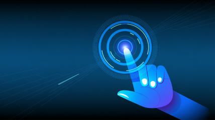 Hand touching futuristic glowing blue interface with digital target