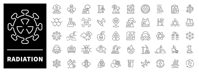 Hazard signs, warning icons, radiation waves, and nuclear energy elements in sharp outline visuals. Alert-focused pack of 50 linear icons around radiation and danger symbols