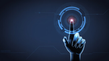 Robotic hand touching a glowing digital interface with futuristic technology