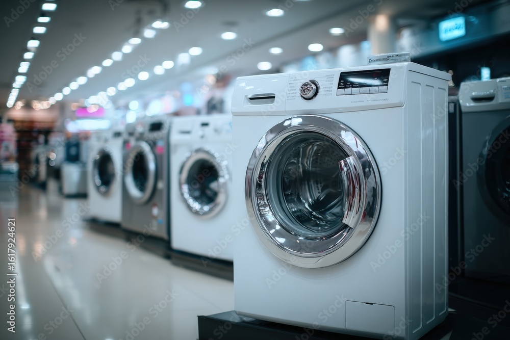 Poster modern white front-loading washing machine display in appliance store with multiple similar models f