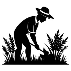 Cartoon vector illustration of a woman farmer in a rice field wearing a hat, in a tribal art design silhouette