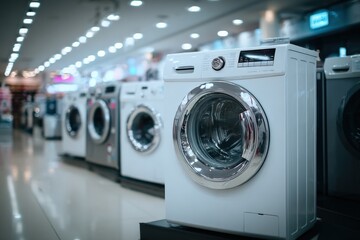 Modern white front-loading washing machine display in appliance store with multiple similar models for laundry and household use