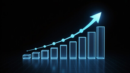 Glowing blue bar graph with upward trending line and arrow on black background