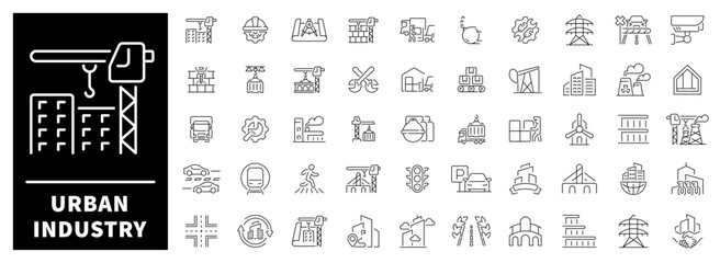 Urban industry, factories, manufacturing, and heavy equipment outlined 50-icon linear set