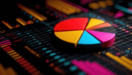 A close-up shot of a colorful 3D pie chart resting on a digital screen displaying various financial graphs and data.  The image is dark with vibrant chart colors