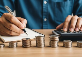 Man calculating finances with stacks of coins and calculator on wooden desk