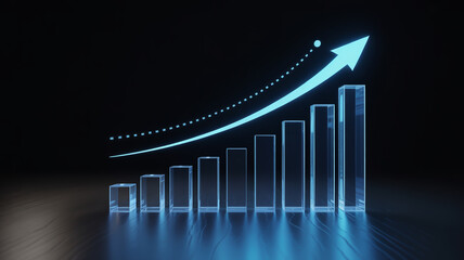 Glowing blue bar chart with upward trend arrow on dark background