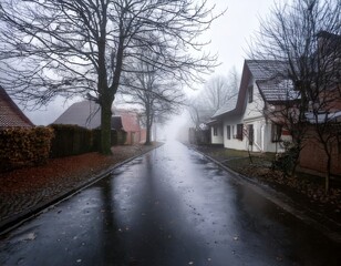 Quiet village street in winter rain, wet ground, leafless trees, cold and misty atmosphere